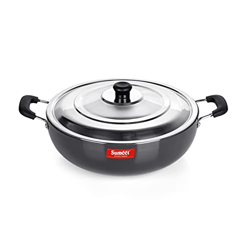Sumeet 3mm Hard Anodized Deep kadai with Stainless Steel Lid Big Size No. - 15 (28.5cm Dia. 4.5 LTR Capacity)