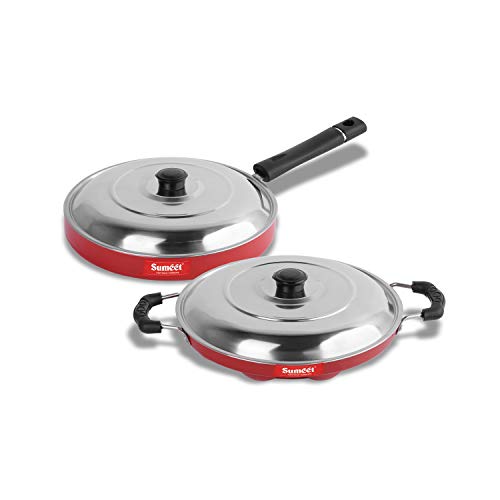 Sumeet 2.6mm Thick Non-Stick Red Indian Cookware Set (Grill Appam Patra with Lid – 23cm Dia + Pizza Pan – 23cm Dia)