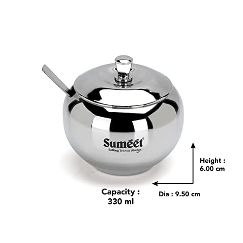 Sumeet Stainless Steel Ghee and Oil Pot, Storage Conrainer with Spoon for Kitchen, 9.5cm Dia, 330ML - Silver (Pack of 2)