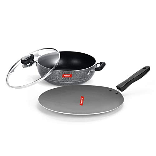 Sumeet NonStick Airgead Cookware Set (Kadhai with Glass Lid -2Ltr - 22Cm Dia + Conceve/Roti Tawa - 28Cm Dia)