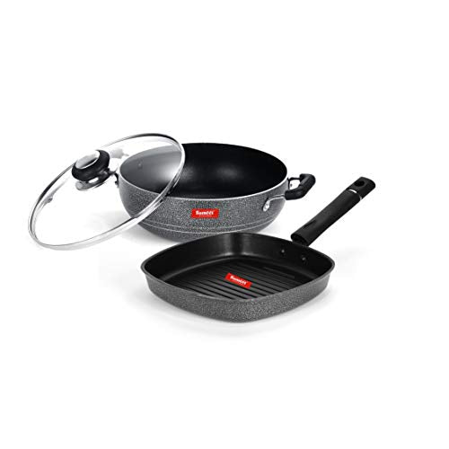 Sumeet NonStick Argento Cookware Set (Kadhai with Glass Lid -2Ltr - 22Cm Dia + Grill Pan-22cm Dia)