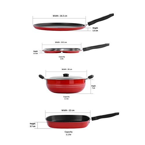 Sumeet 2.6mm Thick Non-Stick Catalan Cookware Set (Dosa Tawa – 26.5cm Dia + Mini Multi Snack Maker – 19.5cm Dia + Kadhai with Lid – 1.5Ltr Capacity- 20cm Dia + Grill Pan – 1.1Ltr Capacity – 22cm Dia)