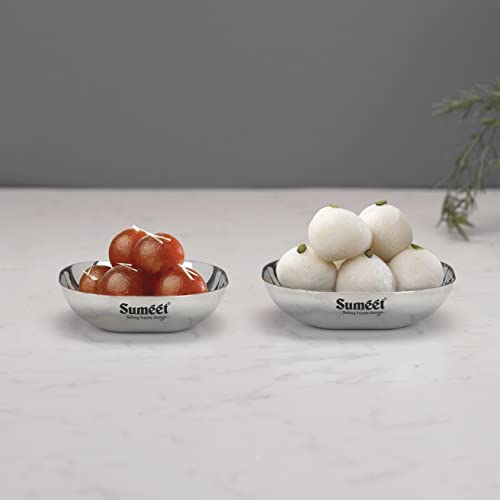 Sumeet Stainless Steel Small Apple Square Shape Plate/Dessert Plate/Halwa Plate Combo Set of 12pcs, 9cm & 10.5cm Dia, 120ML & 170ML (Each 6pcs) - Silver