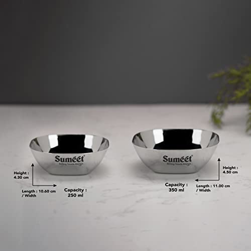 Sumeet Heavy Gauge Stainless Steel Apple Square Bowl/Wati/Katori with Mirror Finish, Combo Set of 12pc, 10.6cm & 11cm Dia, 250ML & 350ML (Each 6Pc) - Silver
