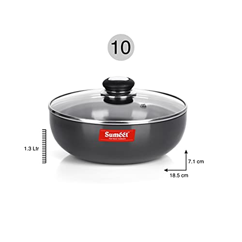 Sumeet 3mm Hard Anodized Deep Tasla with Glass Lid Size No. - 10 (18.5cm Dia. 1.3 LTR Capacity)