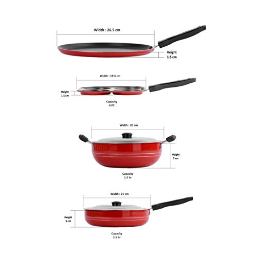 Sumeet 2.6mm Thick Non-Stick MENA Cookware Set (Dosa Tawa – 26.5cm Dia + Mini Multi Snack Maker – 19.5cm Dia + Kadhai with Lid – 1.5Ltr Capacity- 20cm Dia + Fry pan – 1.5Ltr Capacity – 21cm Dia)