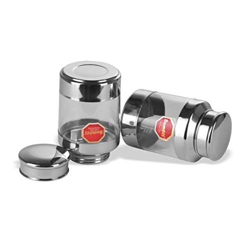 Sumeet Stainless Steel See Through Clear Container Jars Set of 2 Capacity - 600ML, Dia - 6 cm (Each)