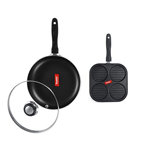 Sumeet NonStick Silfur Cookware Set (Frypan with Glass Lid - 1.5Ltr - 22Cm Dia + Mini Multi Snack Maker - 4 Cavity -19.5cm)