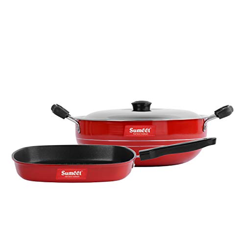 Sumeet 2.6mm Thick Non-Stick Scarlet Cookware Set (Kadhai with Lid – 1.5Ltr Capacity- 20cm Dia + Grill Pan – 1.1Ltr Capacity – 22cm Dia)