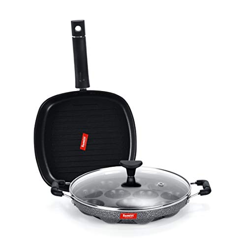 Sumeet NonStick Imvi Cookware Set (Grill Appam Patra with Glass Lid - 12 Cavity - 22cm Dia + Grill Pan-22cm Dia)