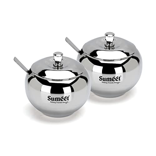 Sumeet Stainless Steel Ghee and Oil Pot, Storage Conrainer with Spoon for Kitchen, 9.5cm Dia, 330ML - Silver (Pack of 2)