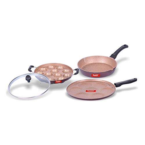 Sumeet Nonstick Granite Finish Ideal cookware Set (Round Grill Pan 25.5cm Dia + Grill Appam Patra with Glass Lid - 12 Cavity - 23cm Dia + Multi Snack Maker - 7 Cavity - 26.5cm Dia)