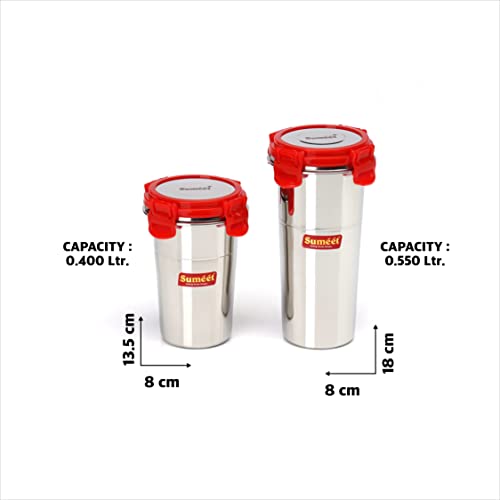Sumeet Stainless Steel Airtight, Leak Proof, Freezer Safe and Dust Proof Tumbler with Stainless Steel Lid Set of 2 Pcs (400ml, 500ml) Dia - 8Cm(each)