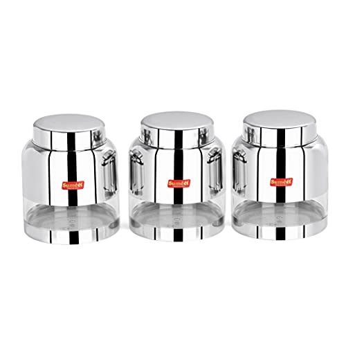 Sumeet Stainless Steel Circular See Through / Transparent Storage Container, Set of 3Pc, 1 Ltr each, 11.4 cm Dia, Silver
