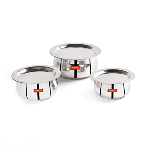 Sumeet Stainless Steel Belly Shape 3 Pc Tope / Cookware/ Pot Set with Lid 380ML, 500ML, 780ML, (Silver)