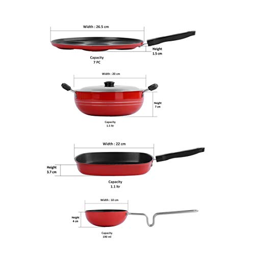 Sumeet 2.6mm Thick Non-Stick Roux Cookware Set (Multi Snack Maker – 26.5cm Dia + Kadhai with Lid – 1.5Ltr Capacity- 20cm Dia + Grill Pan – 1.1Ltr Capacity – 22cm Dia + Tadka Pan – 10cm Dia)