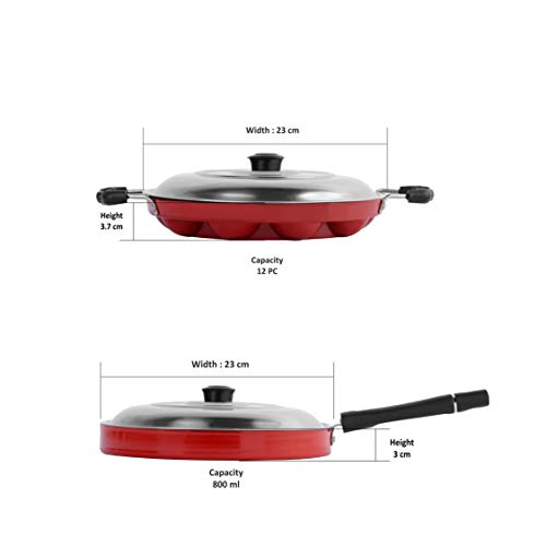 Sumeet 2.6mm Thick Non-Stick Red Indian Cookware Set (Grill Appam Patra with Lid – 23cm Dia + Pizza Pan – 23cm Dia)