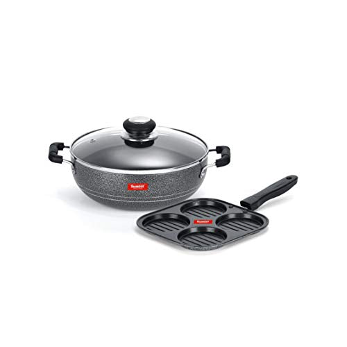 Sumeet NonStick Sidabras Cookware Set (Kadhai with Glass Lid -2Ltr - 22Cm Dia + Mini Multi Snack Maker - 4 Cavity -19.5cm)