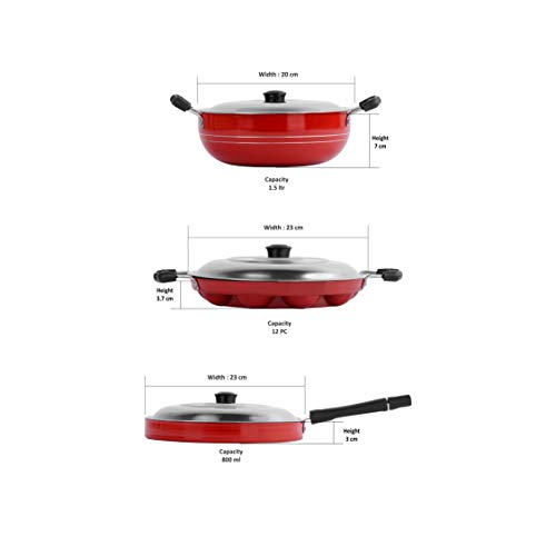Sumeet 2.6mm Thick Non-Stick Kura Combo Set (Kadhai with Lid – 1.5Ltr Capacity- 20cm Dia + Grill Appam Patra with Lid – 23cm Dia + Pizza Pan – 23cm Dia)