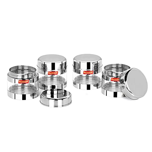 Sumeet Stainless Steel Circular See Through/Transparent Container, Set of 4Pc, 450 Ml Each, 10cm Dia - Silver