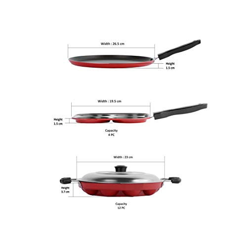 Sumeet 2.6mm Thick Non-Stick Get Red Combo Set (Dosa Tawa – 26.5cm Dia + Multi Snack Maker – 26.5cm Dia + Grill Appam Patra with Lid – 23cm Dia)
