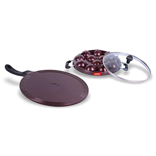 Sumeet Nonstick Granite Finish Kapow Cookware Set (Tawa 30.5cm Dia + Grill Appam Patra with Glass Lid - 12 Cavity - 23cm Dia)