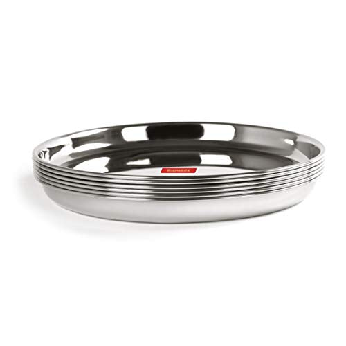 Sumeet Stainless Steel Heavy Gauge Deep Wall Dinner Plates with Mirror Finish 33.7cm Dia - Set of 6pc