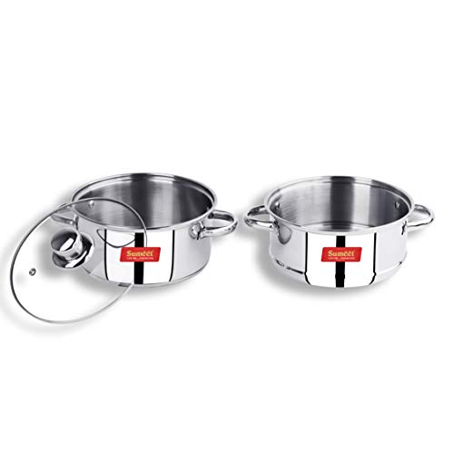 Sumeet Stainless Steel Induction Bottom (Encapsulated Bottom) Induction & Gas Stove Friendly 2 Tier Multi Purpose Steamer/MOMO - Modak Maker with Glass Lid, 21.8Cm