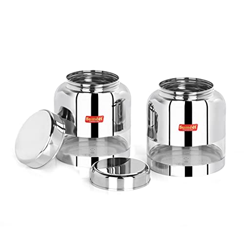 Sumeet Stainless Steel Circular See Through / Transparent Storage Container, Set of 2Pc, 1 Ltr each, 11.4 cm Dia, Silver
