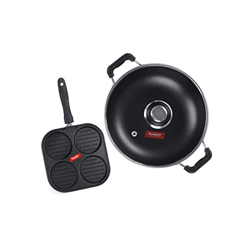 Sumeet NonStick Sidabras Cookware Set (Kadhai with Glass Lid -2Ltr - 22Cm Dia + Mini Multi Snack Maker - 4 Cavity -19.5cm)