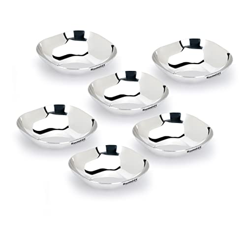Sumeet Stainless Steel Small Apple Square Shape Plate/Dessert Plate/Halwa Plate Set of 6pcs, 8cm Dia, 90ML Each - Silver