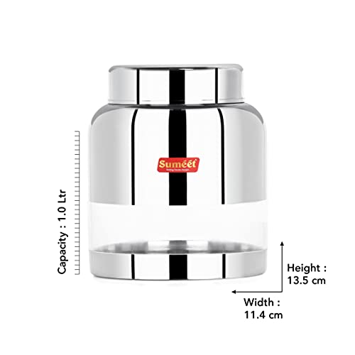 Sumeet Stainless Steel Circular See Through / Transparent Storage Container, Set of 3Pc, 1 Ltr each, 11.4 cm Dia, Silver