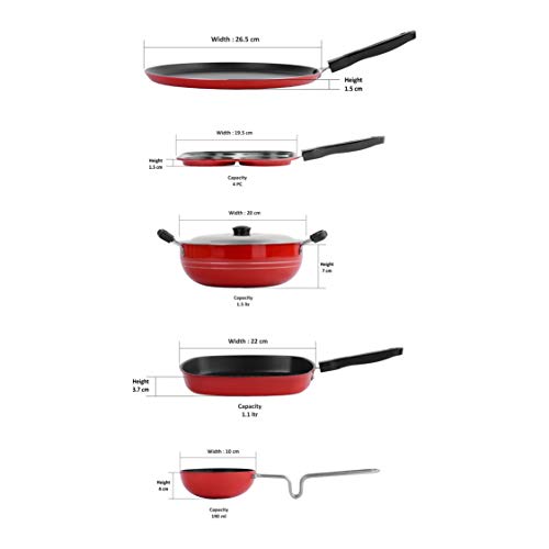 Sumeet 2.6mm Thick Non-Stick Redish Cookware Set (Dosa Tawa – 26.5cm Dia + Multi Snack Maker – 26.5cm Dia + Grill Pan – 1.1Ltr Capacity – 22cm Dia + Kadhai with Lid – 1.5Ltr + Tadka Pan – 10cm Dia)
