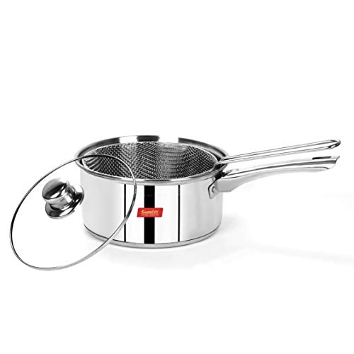 Casserole with Glass Lid & Wire Mesh/Deep Fryer Basket/Strainer with Resting Feet