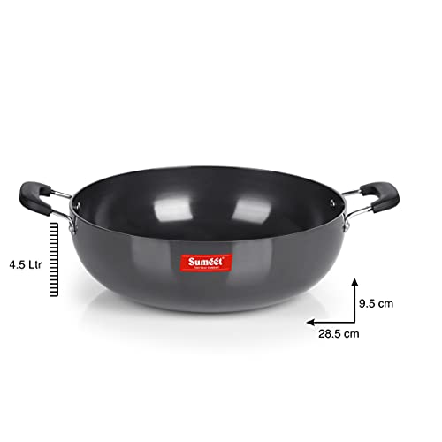 Sumeet 3mm Hard Anodized Aluminium Deep kadai, Big Size No.-15 (28.5cm Dia. 4.5 L Capacity, Black)