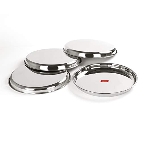 Sumeet Stainless Steel Heavy Gauge Deep Wall Dinner Plates with Mirror Finish 31.3cm Dia - Set of 4pc