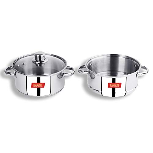 Sumeet Stainless Steel Induction Bottom (Encapsulated Bottom) Induction & Gas Stove Friendly 2 Tier Multi Purpose Steamer/MOMO - Modak Maker with Glass Lid, 21.8Cm