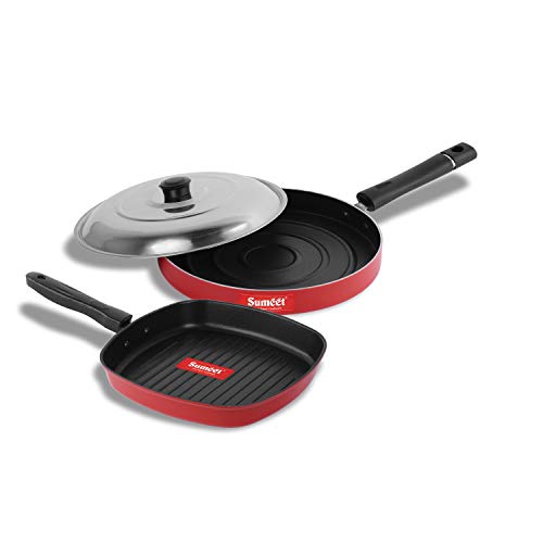Sumeet 2.6mm Thick Non-Stick Vivid Red Cookware Set (Grill Pan – 1.1Ltr Capacity – 22cm Dia + Pizza Pan – 23cm Dia)
