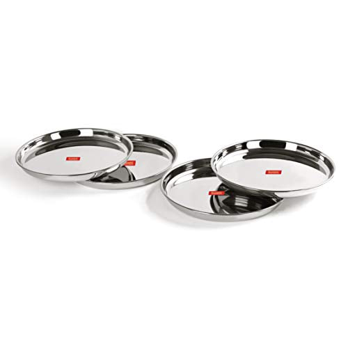 Sumeet Stainless Steel Heavy Gauge Deep Wall Dinner Plates with Mirror Finish 31.3cm Dia - Set of 4pc