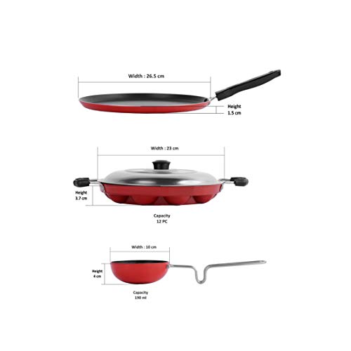 Sumeet 2.6mm Thick Non-Stick Roisin Combo Set (Dosa Tawa – 26.5cm Dia + Grill Appam Patra with Lid – 23cm Dia + Tadka Pan – 10cm Dia)