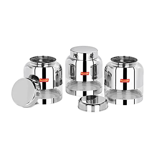 Sumeet Stainless Steel Circular See Through / Transparent Storage Container, Set of 3Pc, 1 Ltr each, 11.4 cm Dia, Silver