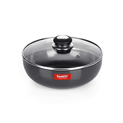Sumeet 3mm Hard Anodized Deep Tasla with Glass Lid Size No. - 10 (18.5cm Dia. 1.3 LTR Capacity)