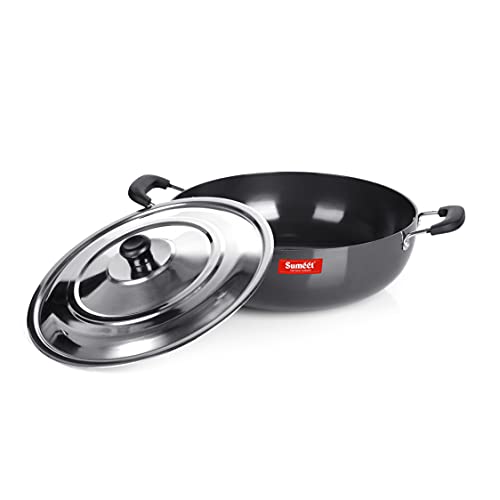 Sumeet 3mm Hard Anodized Deep kadai with Stainless Steel Lid Big Size No. - 15 (28.5cm Dia. 4.5 LTR Capacity)