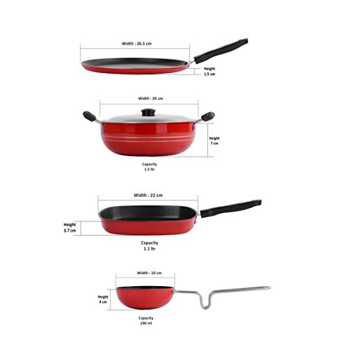 Sumeet 2.6mm Thick Non-Stick Piros Cookware Set (Dosa Tawa – 26.5cm Dia + Kadhai with Lid – 1.5Ltr Capacity- 20cm Dia + Grill Pan – 1.1Ltr Capacity – 22cm Dia + Tadka Pan – 10cm Dia)