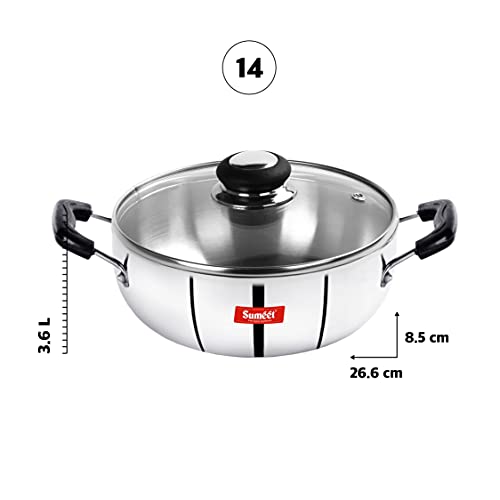 Sumeet 3mm Induction Bottom Aluminium Kadai with Glass Lid (3.6Ltr, 26.6cm)