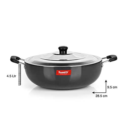 Sumeet 3mm Hard Anodized Deep kadai with Stainless Steel Lid Big Size No. - 15 (28.5cm Dia. 4.5 LTR Capacity)