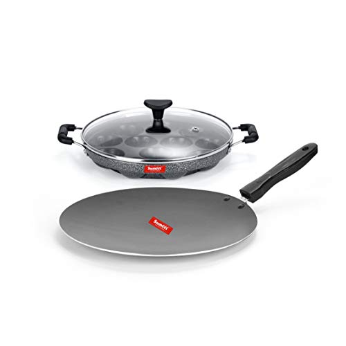 Sumeet NonStick Arian Cookware Set (Conceve/Roti Tawa - 28Cm Dia + Grill Appam Patra with Glass Lid - 12 Cavity - 22cm Dia)