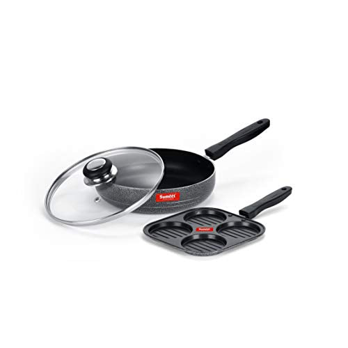 Sumeet NonStick Silfur Cookware Set (Frypan with Glass Lid - 1.5Ltr - 22Cm Dia + Mini Multi Snack Maker - 4 Cavity -19.5cm)