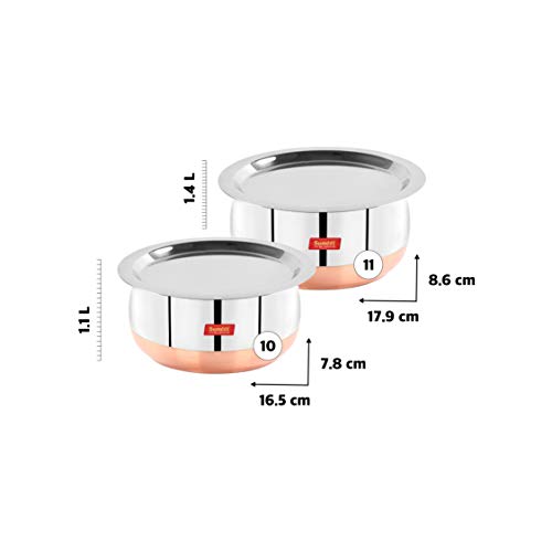 Sumeet Stainless Steel Copper Bottom Belly Shape 2 Pc Tope / Cookware/ Pot Set with Lid 1.1Ltr, 1.4Ltr (Silver)