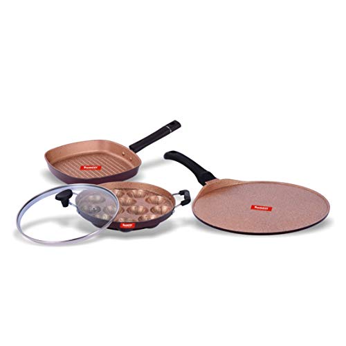 Sumeet Nonstick Granite Finish ELATION cookware Set (Grill Pan 22cm Dia + Grill Appam Patra with Glass Lid - 12 Cavity - 23cm Dia + Tawa 30.5cm Dia)